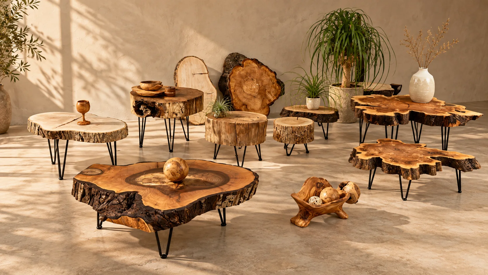 Handgefertigte Salontische aus Holz, bearbeitete Studioansicht