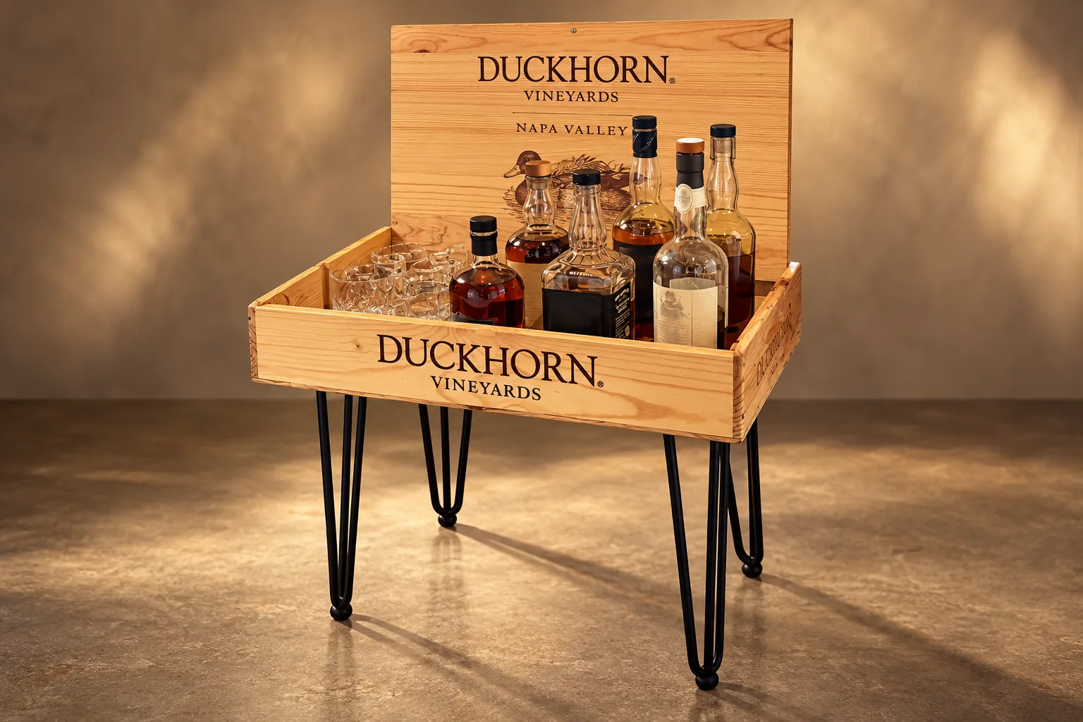 Zur kleinen Bar umgestaltete Duckhorn-Weinkiste mit Flaschen und Gläsern, bearbeitete Studioansicht